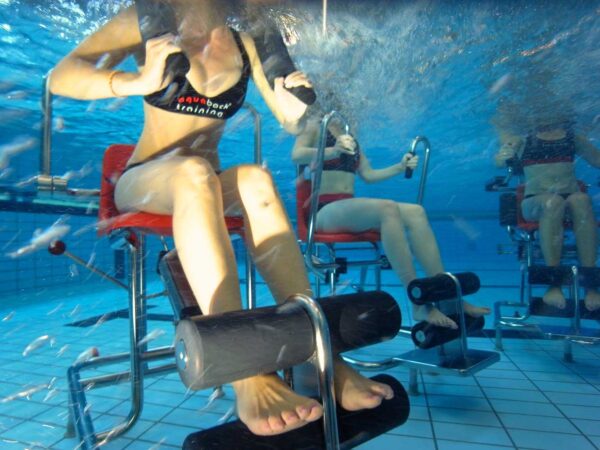 Aquaback-Kursteilnehmer sitzen auf Sportgeräten im Wasser.